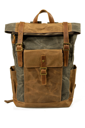 Plátený rolovací vel'ký batoh s koženými detailmi módny retro design hlavný oddiel so zapínaním na zips a ohnutie s